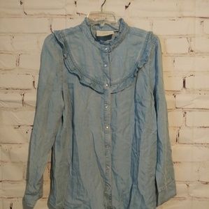 Anthropologie Chambray Pearl Button Down Blouse